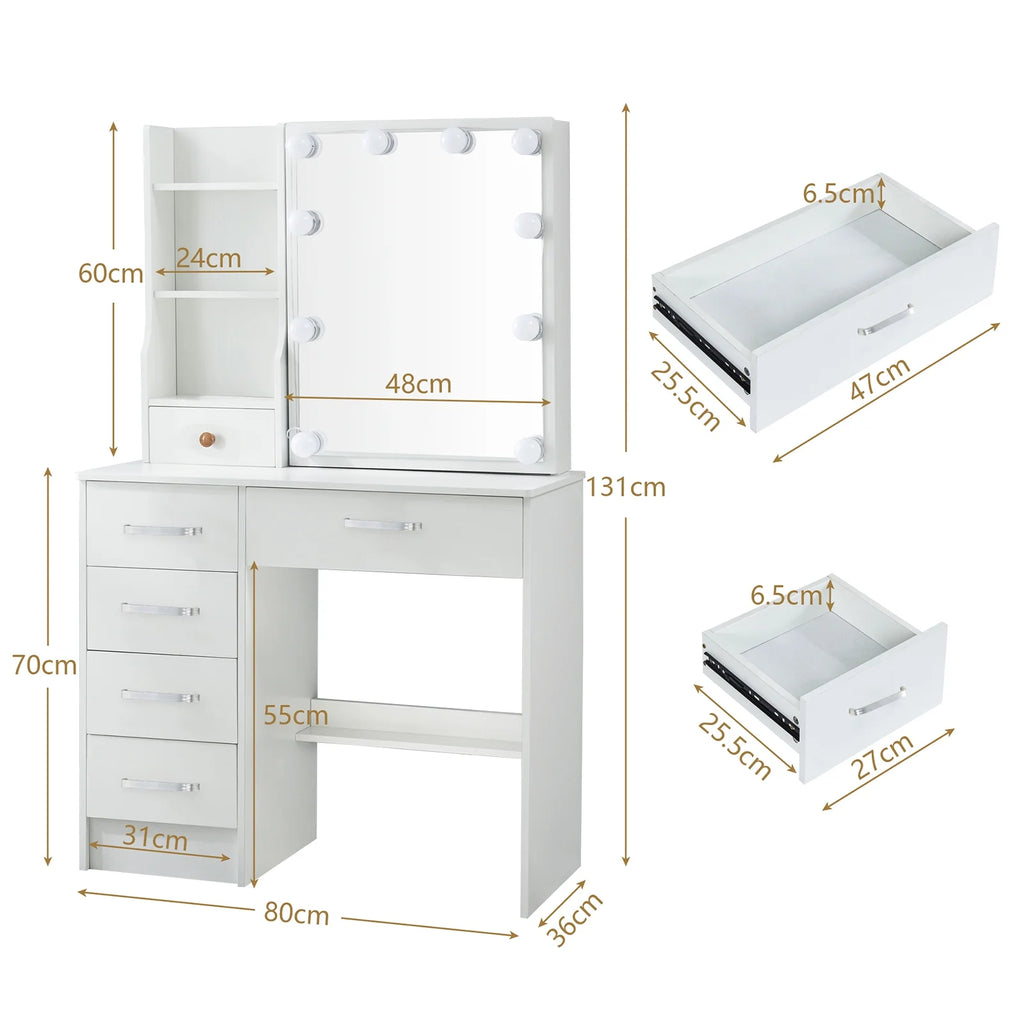White Vanity Set with Lighted Mirror and Stool B18329