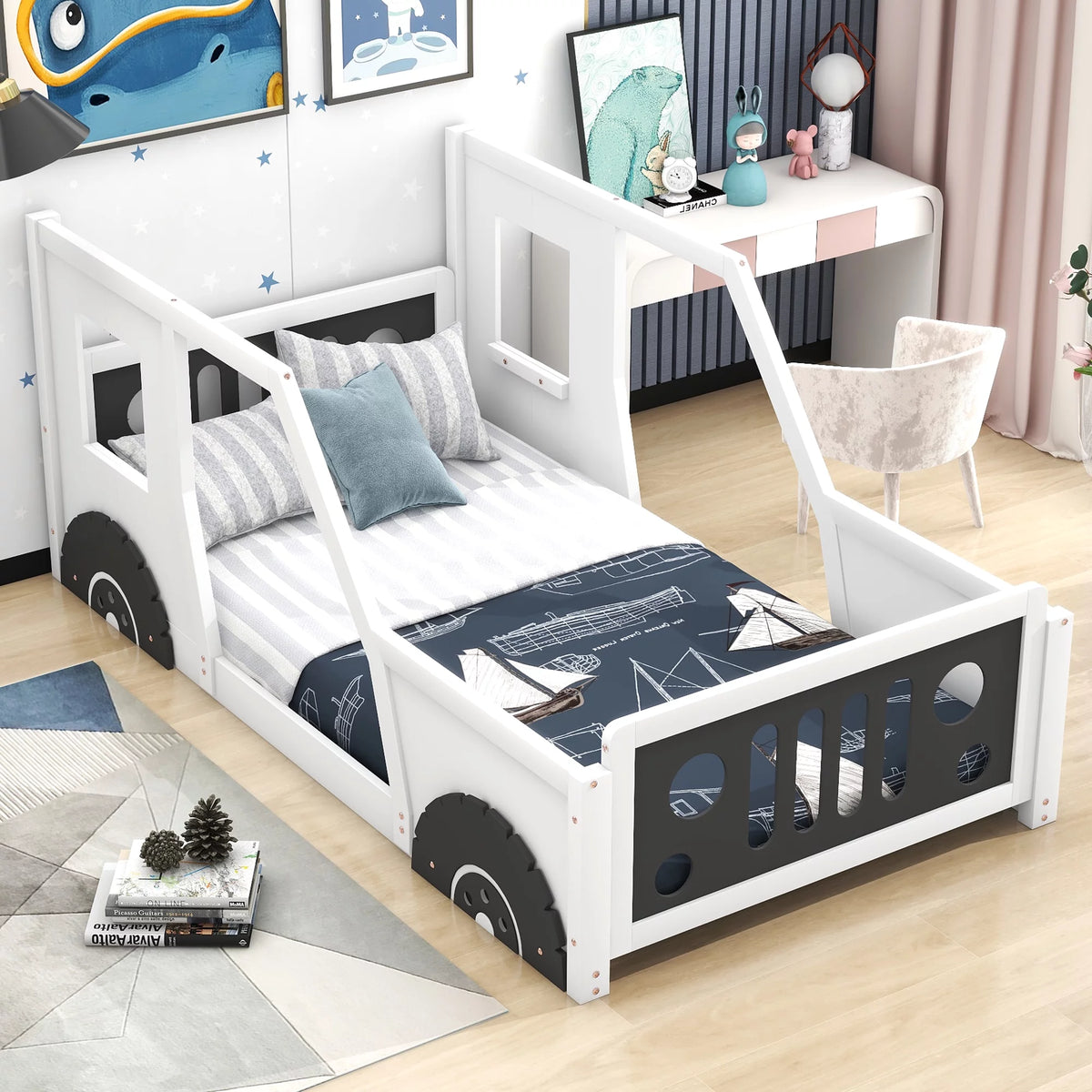 Blue Full Size Wood Car-Shaped Platform Bed D825
