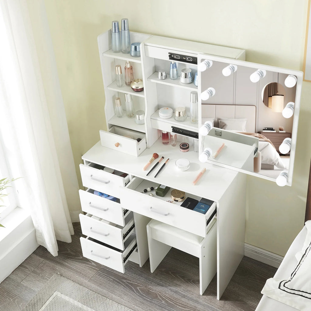 White Vanity Set with Lighted Mirror and Stool B18329