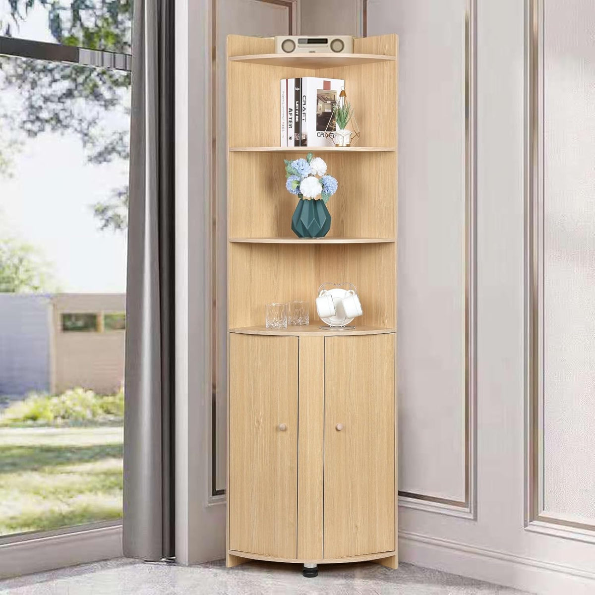 Tall Bathroom Corner Cabinet with Barn Door Design & Open Shelves H135949