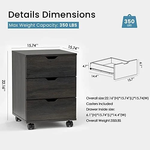 3 Drawer Black Wood Mobile File Cabinet I688