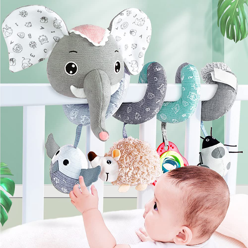 Gray Elephant Baby Car Seat Toys with Musical Owl Rattles Hedgehog Beep Ladybird Squeaker N88096