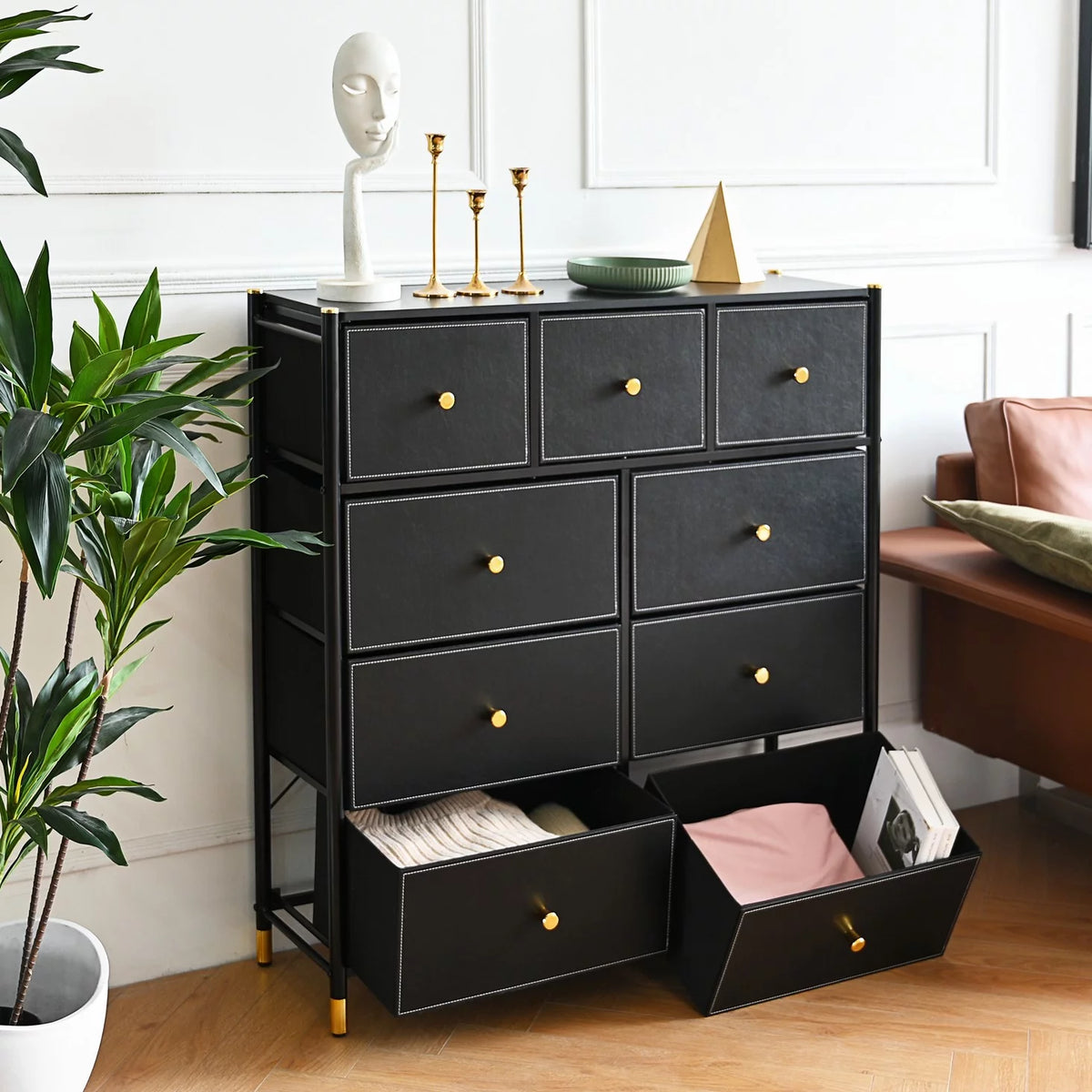 Black 9 Drawer Dresser with Steel Frame P2154