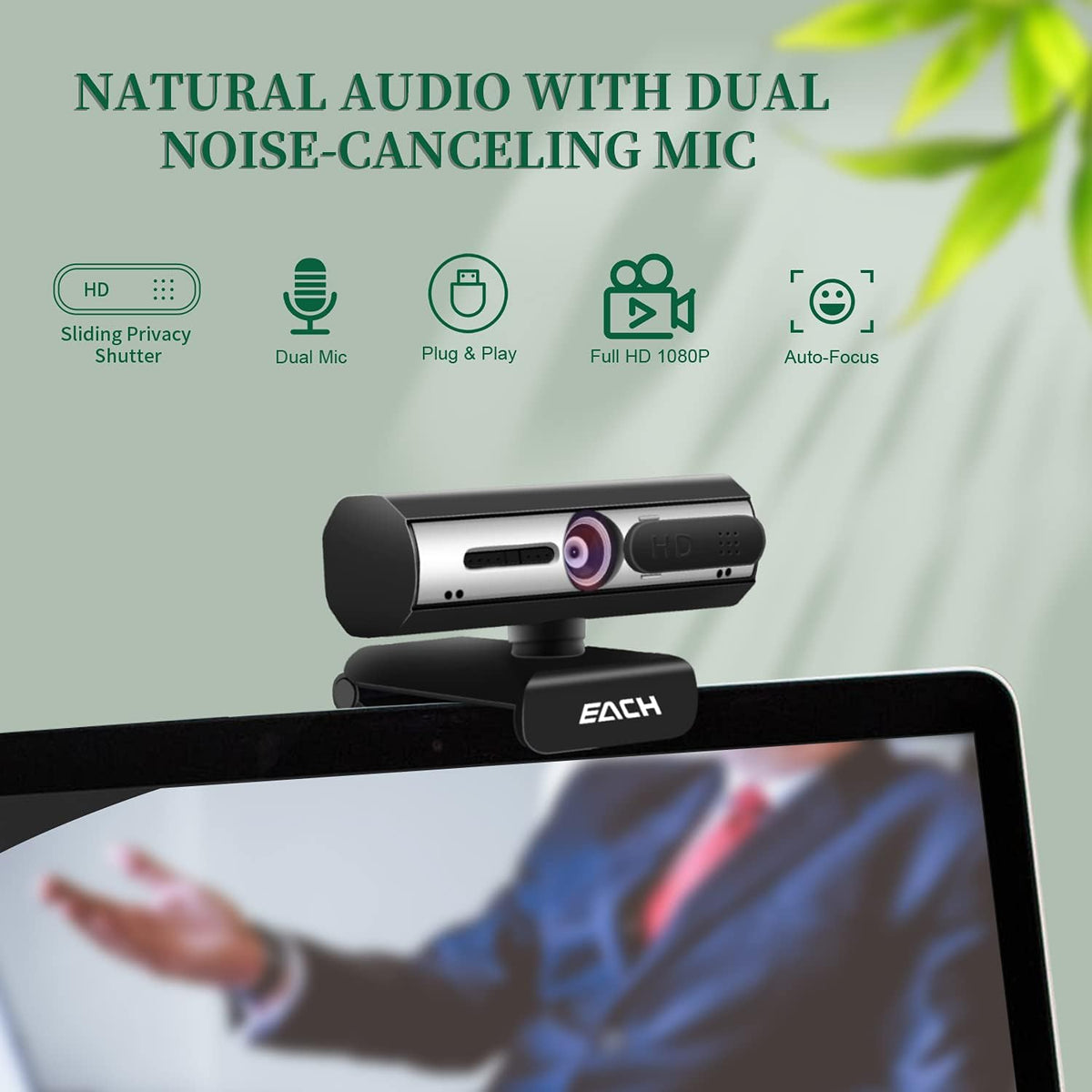 1080P USB Webcam with Dual Microphone & Privacy Cover J3091