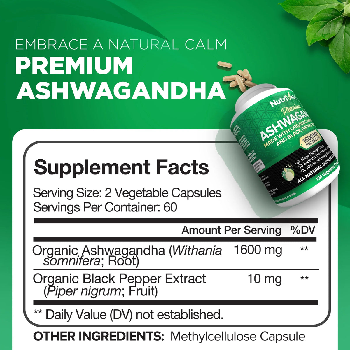 Organic Ashwagandha Capsules 1600mg 120 Vegan Pills O486052