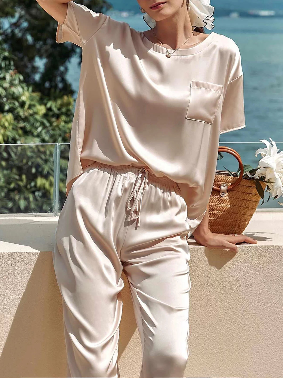 Silk Satin Short Sleeve Long Pant Pajama Set S2892