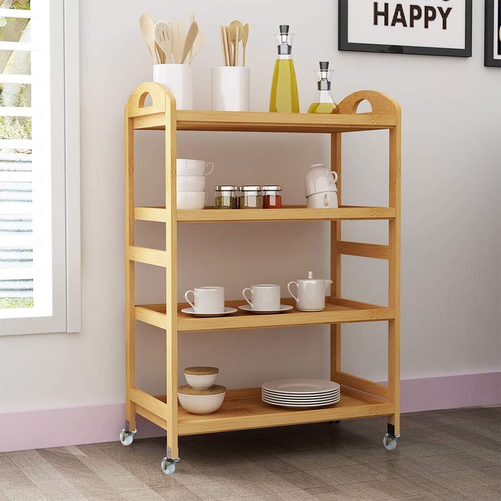 4-Tier Bamboo Storage Utility Cart with Wheels Y63063