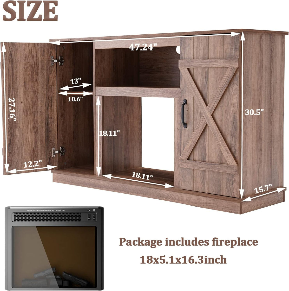 47 Inch Electric Fireplace TV Stand with Heater, Wood Media Console X40956