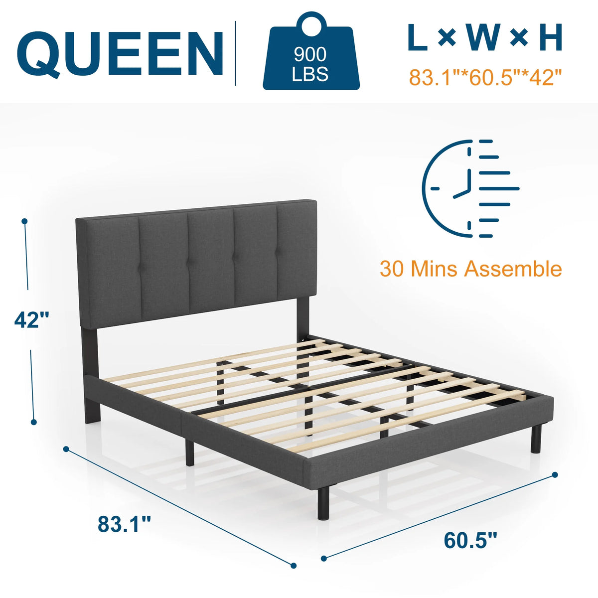 Queen Size Fabric Upholstered Platform Bed Frame X4796