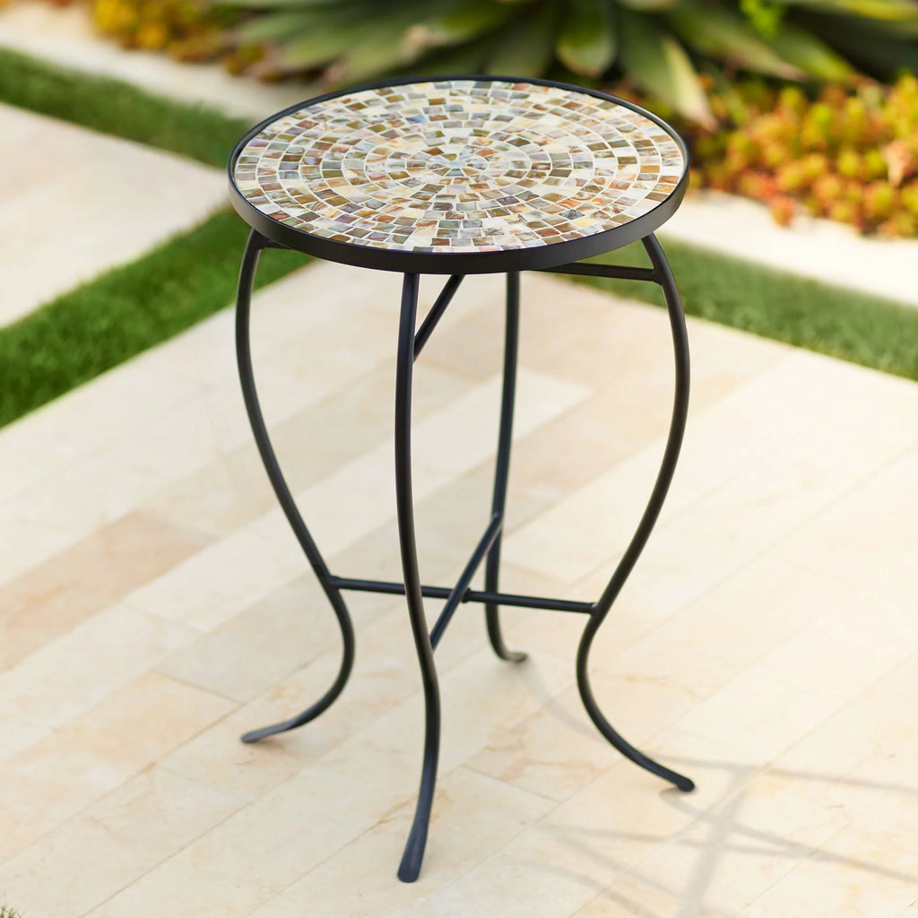 Black Round Outdoor Accent Side Table 14" Wide Mosaic Tabletop G12385