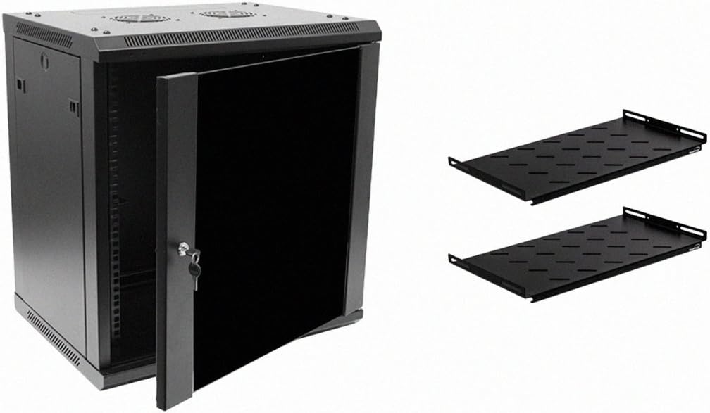 12U Wallmount Cabinet Enclosure 19-Inch Server Network Rack with Locking Glass Door Black with Shelves K6938