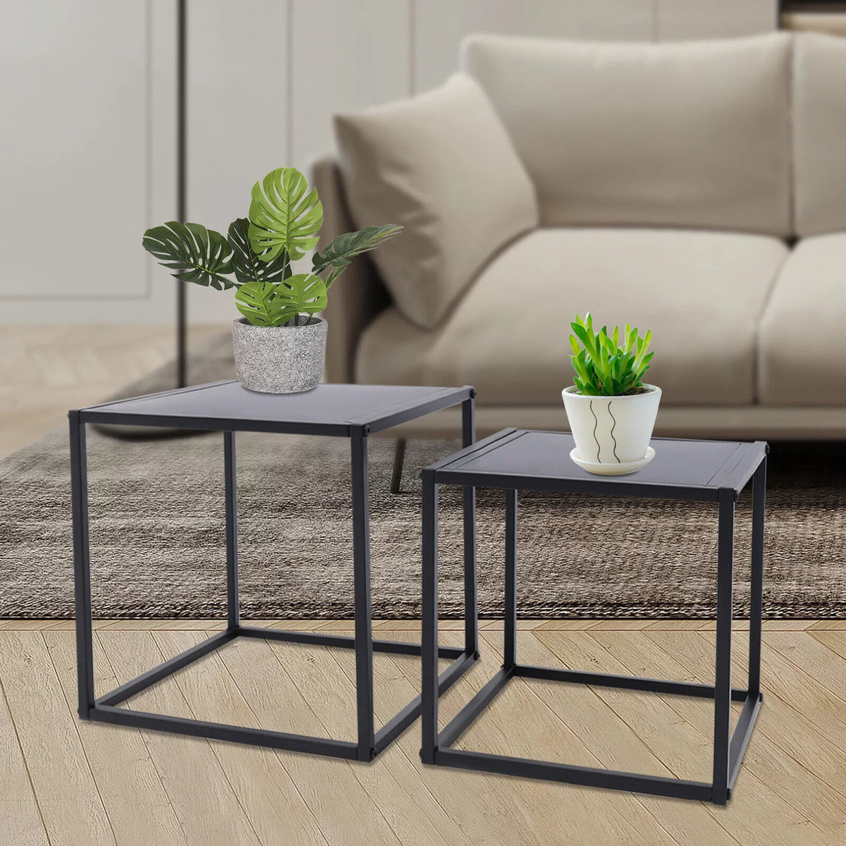 Square Coffee Table End Table Metal Side Table Matt Black R399059