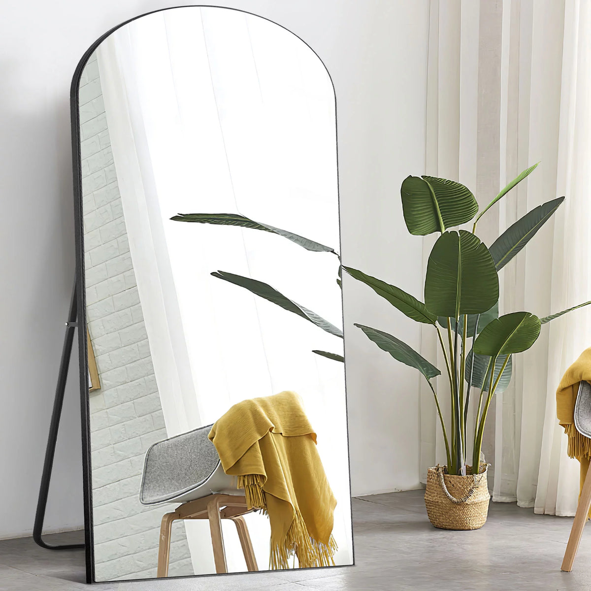 71"x31" Arched Full Length Floor Mirror with Stand Black W846456