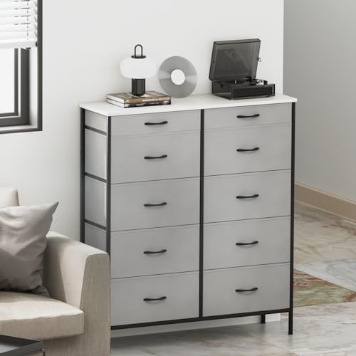 10 Drawer Fabric Dresser with Metal Frame and Wooden Top Z152