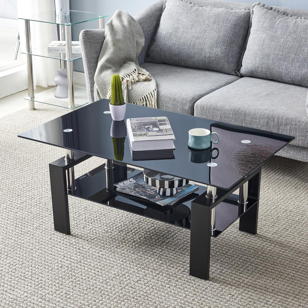 Rectangle Glass Coffee Table with Lower Shelf Metal Legs V6940