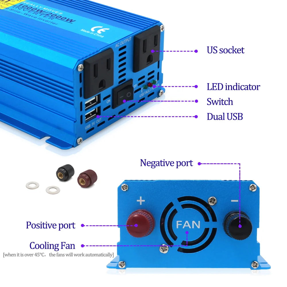 1000 Watts 2000 Watts Pure Sine Wave Power Inverter DC 12V to AC 110V 120V H605