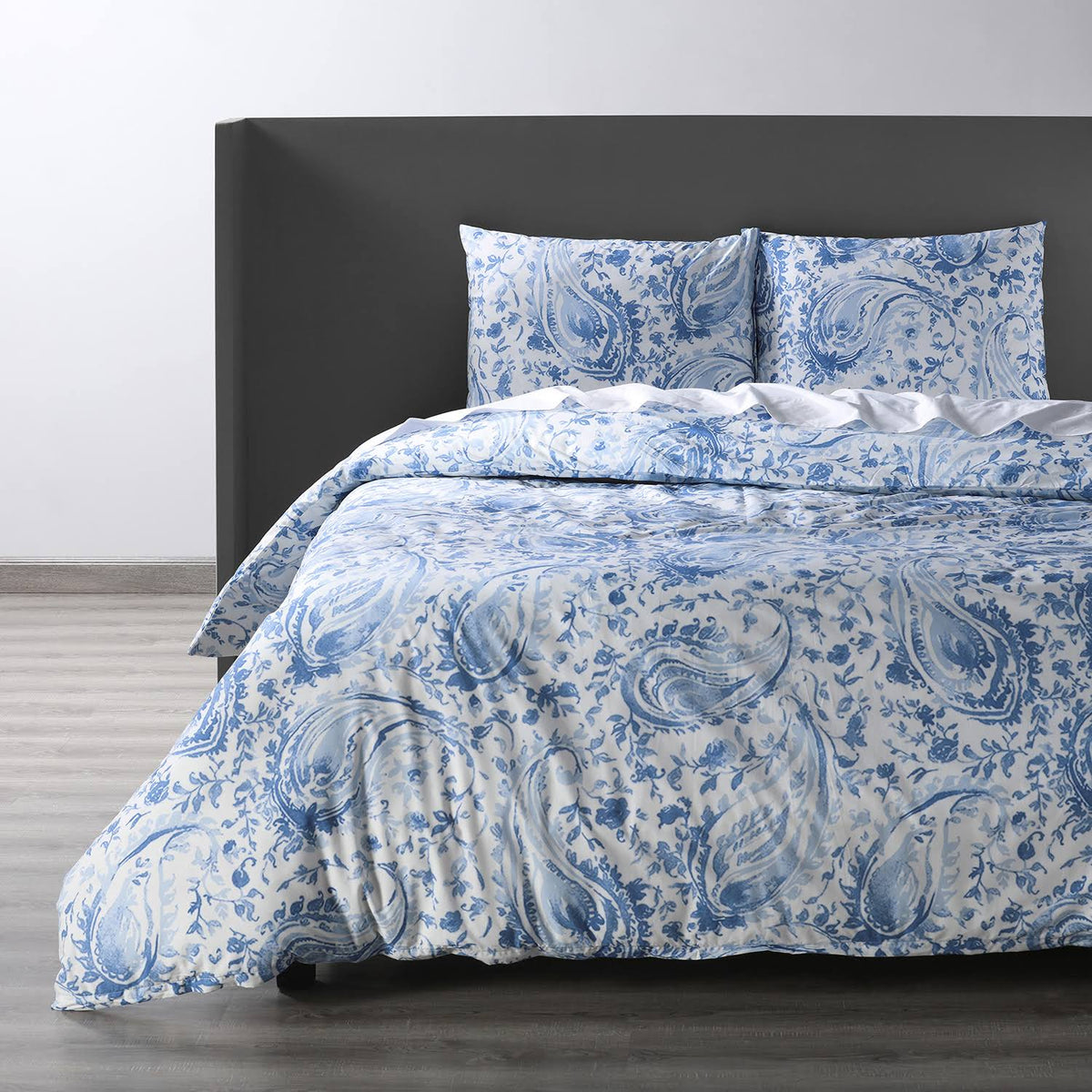 Queen Blue Cotton Percale Printed Duvet Cover Set E44519