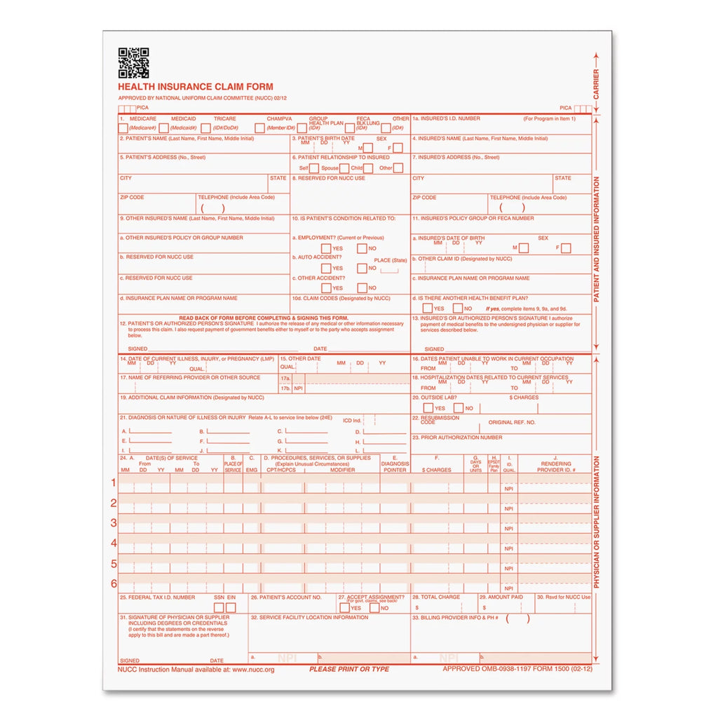 CMS-1500 Laser Printer Forms, 500 / Pack, White U41607