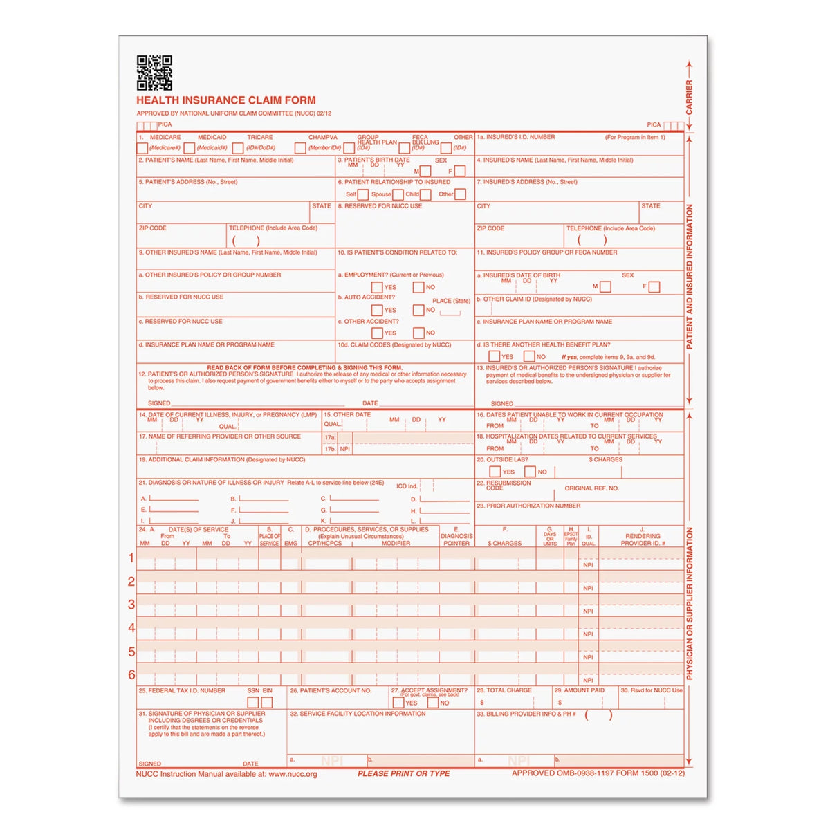 CMS-1500 Laser Printer Forms, 500 / Pack, White U41607
