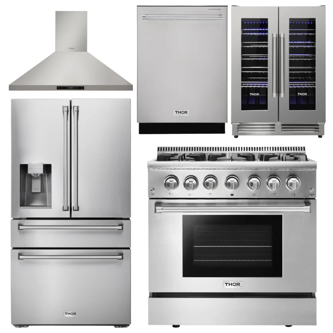 36 Propane Dual Fuel Range, Range Hood, Refrigerator, Dishwasher, Wine Cooler T244051