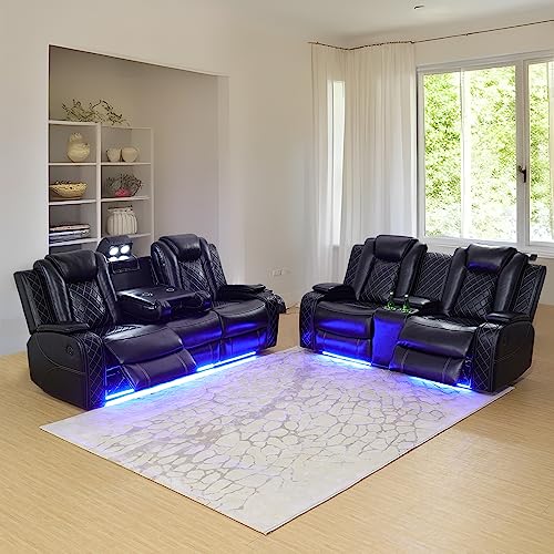 3 Piece Cream White Leather Recliner Sofa Set with LED Lights J85893