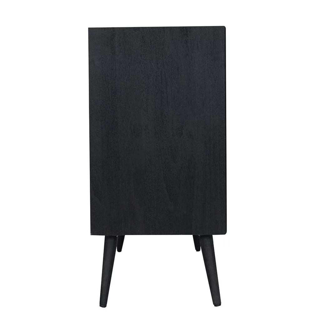 Black Pine Wood TV Media Entertainment Center with Rattan Doors G8336