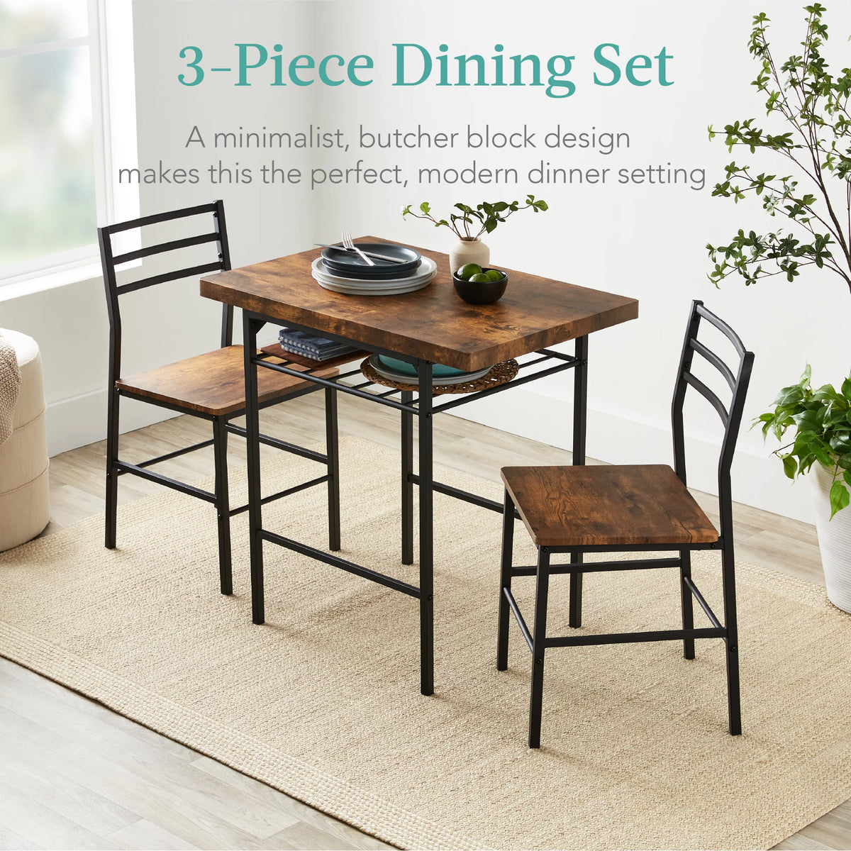 3-Piece Dining Set with Steel Frame and Storage Rack M9350