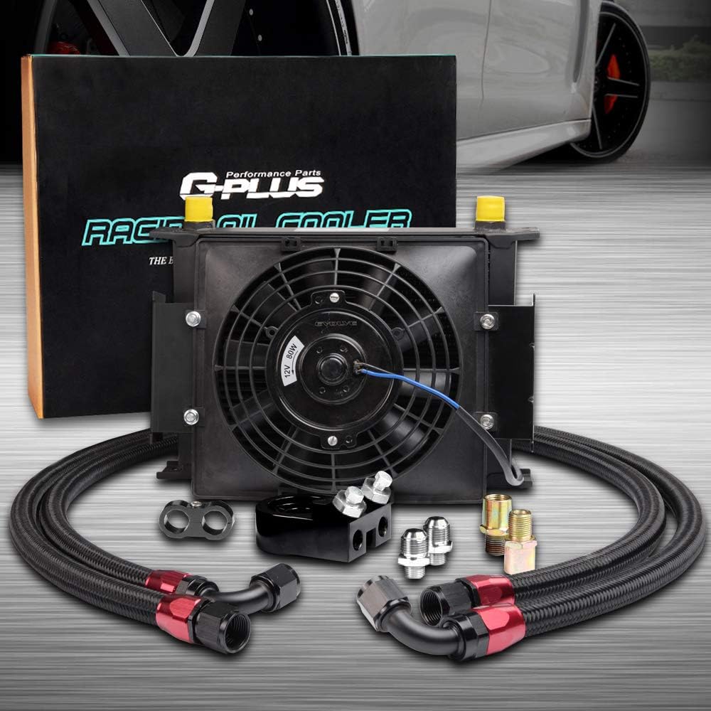 30 ROW Universal Engine Aluminum Oil Cooler Kit with 7" Electric Cooling Fan and Oil Filter Adapter Kit K846398