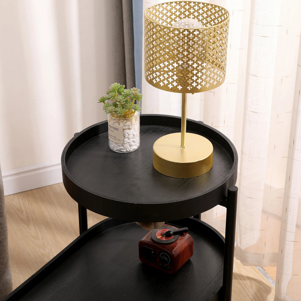 2-Tier Wooden Top Side Table Black Metal Frame G588