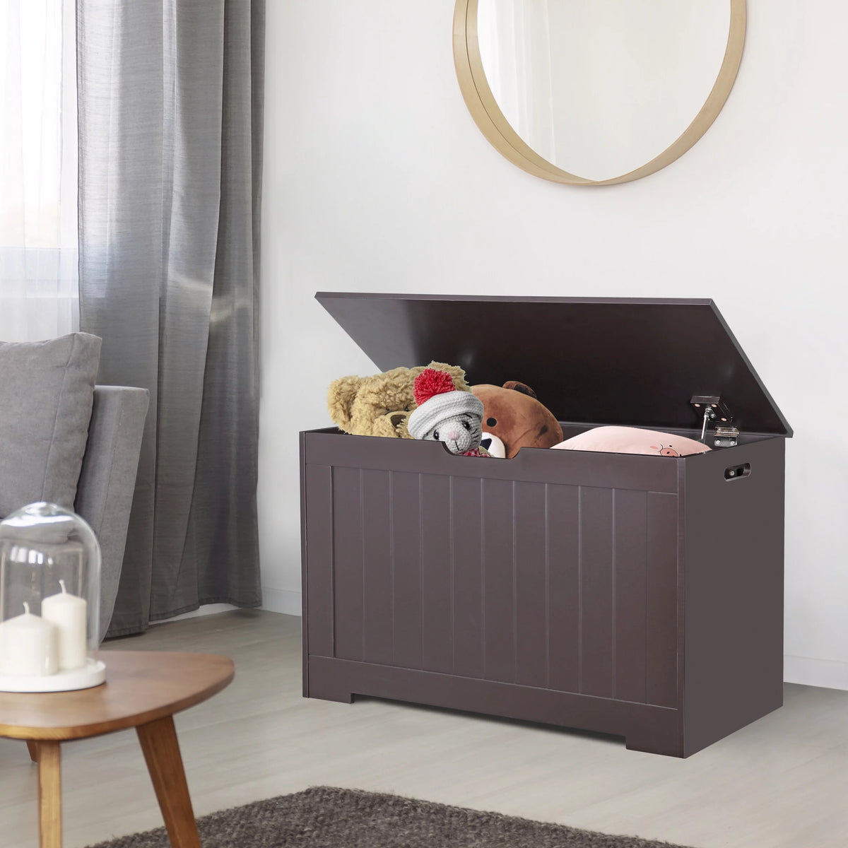 30'' Wooden Storage Chest Organizer with Safety Hinged Lid Y72086