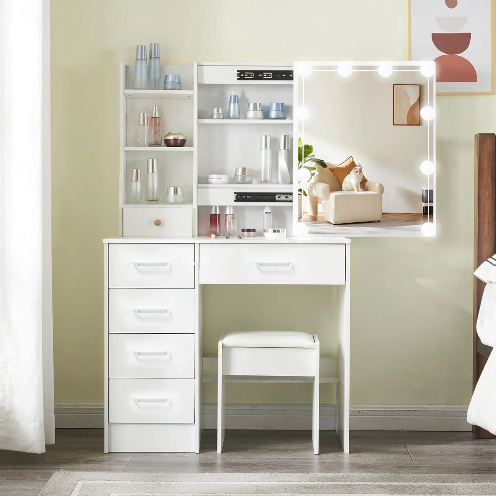White Vanity Set with Lighted Mirror and Stool B18329