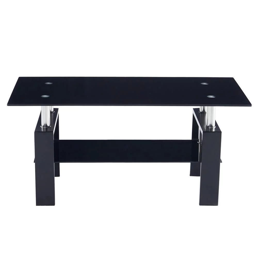 Rectangle Glass Coffee Table with Lower Shelf Metal Legs V6940