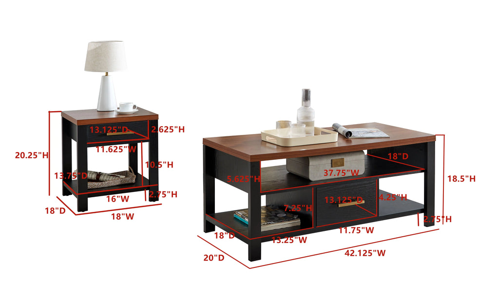3 Piece Coffee Table Set with Drawers & Open Shelves T13006