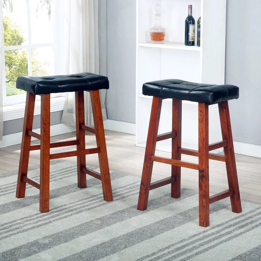 Padded Faux Leather Saddle Seat Barstools, 29 Inches, Set of 2 X595827