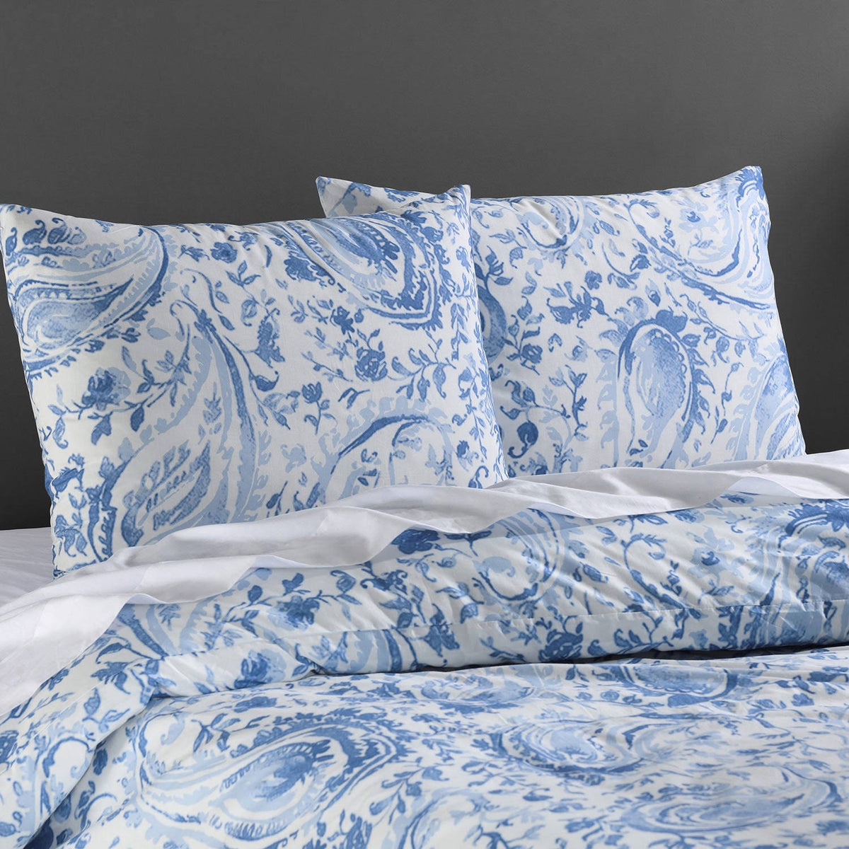 Queen Blue Cotton Percale Printed Duvet Cover Set E44519