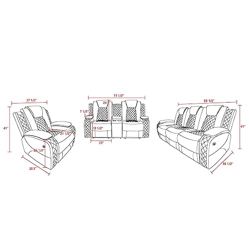 3 Piece Cream White Leather Recliner Sofa Set with LED Lights J85893