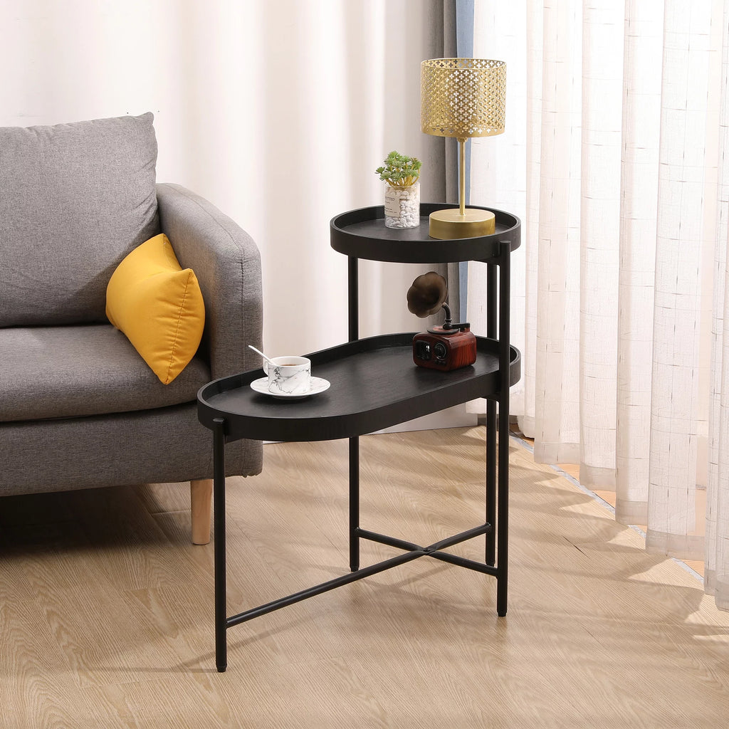 2-Tier Wooden Top Side Table Black Metal Frame G588