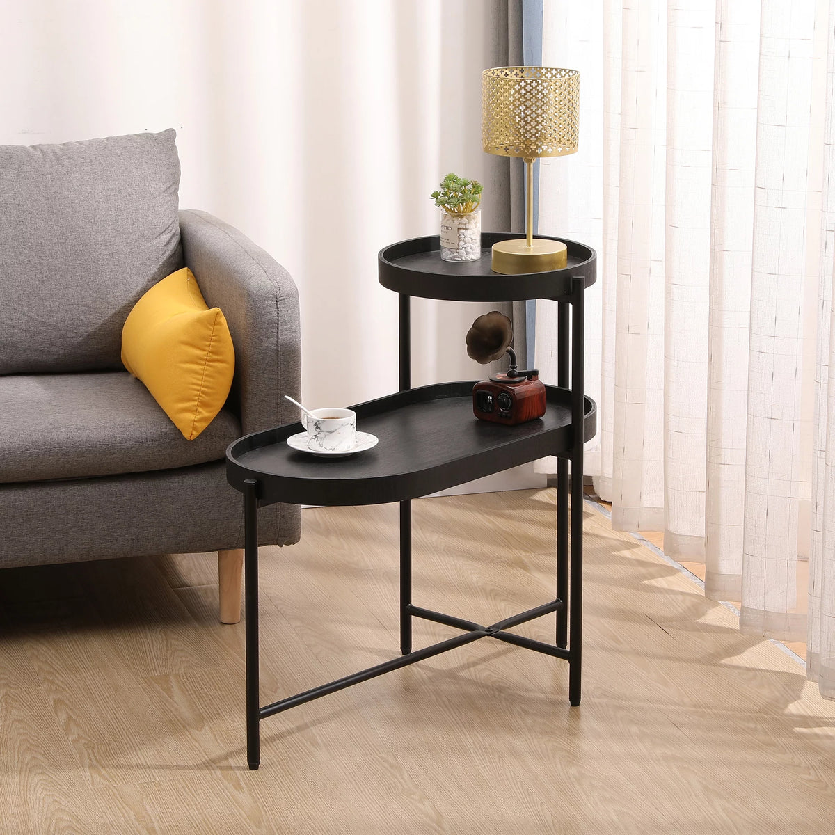 2-Tier Wooden Top Side Table Black Metal Frame G588