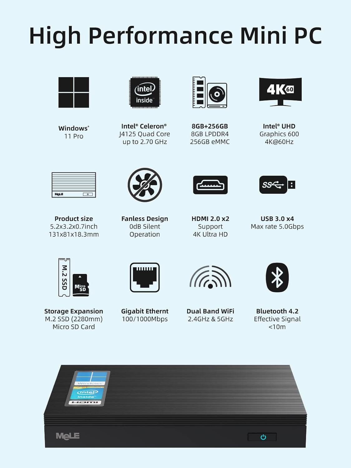 Fanless Mini PC 8G 256GB 4K Dual HDMI Gigabit Ethernet C6045