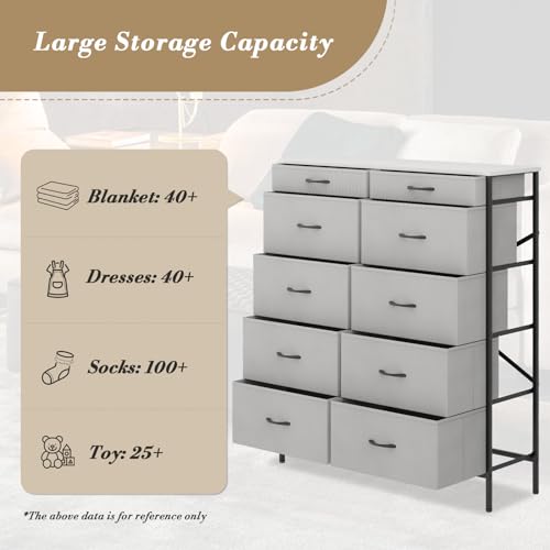 10 Drawer Fabric Dresser with Metal Frame and Wooden Top Z152