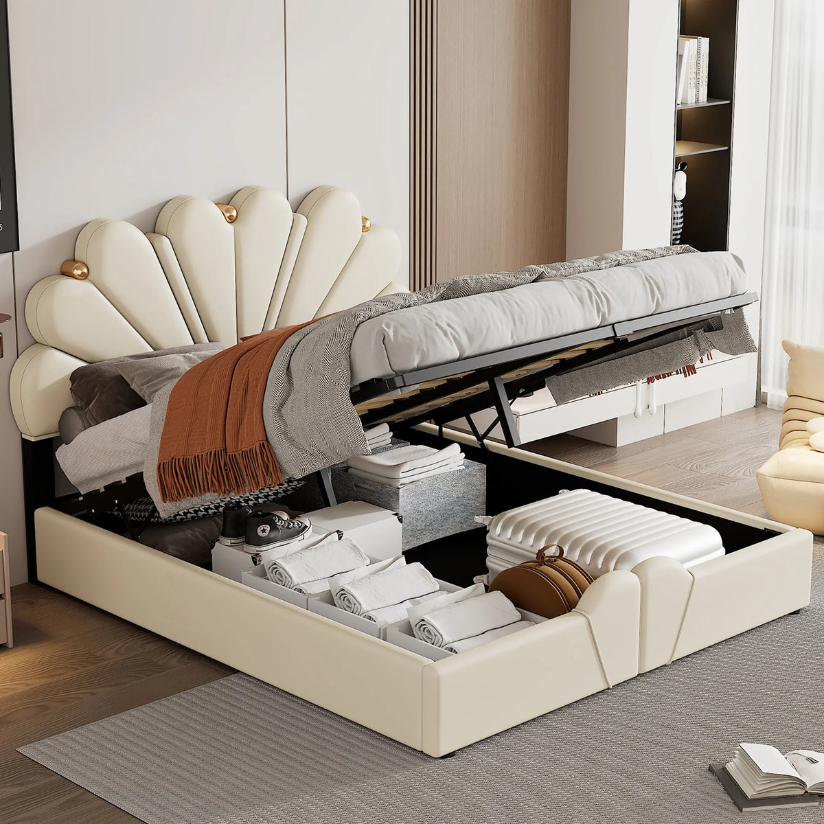 Queen Size Beige Platform Bed Q8378