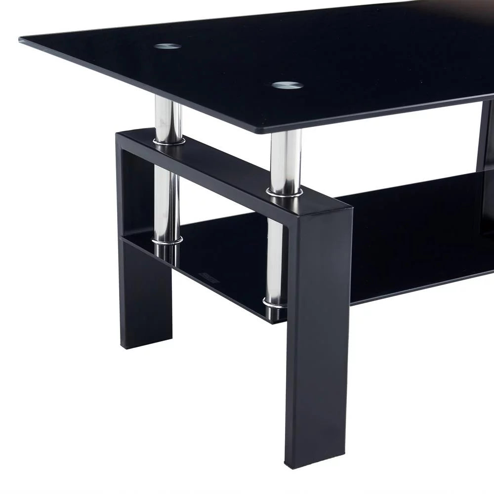 Rectangle Glass Coffee Table with Lower Shelf Metal Legs V6940