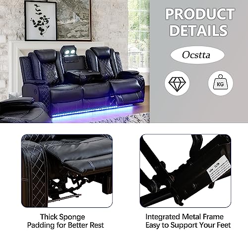 3 Piece Cream White Leather Recliner Sofa Set with LED Lights J85893