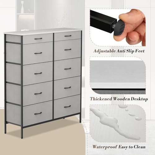 10 Drawer Fabric Dresser with Metal Frame and Wooden Top Z152