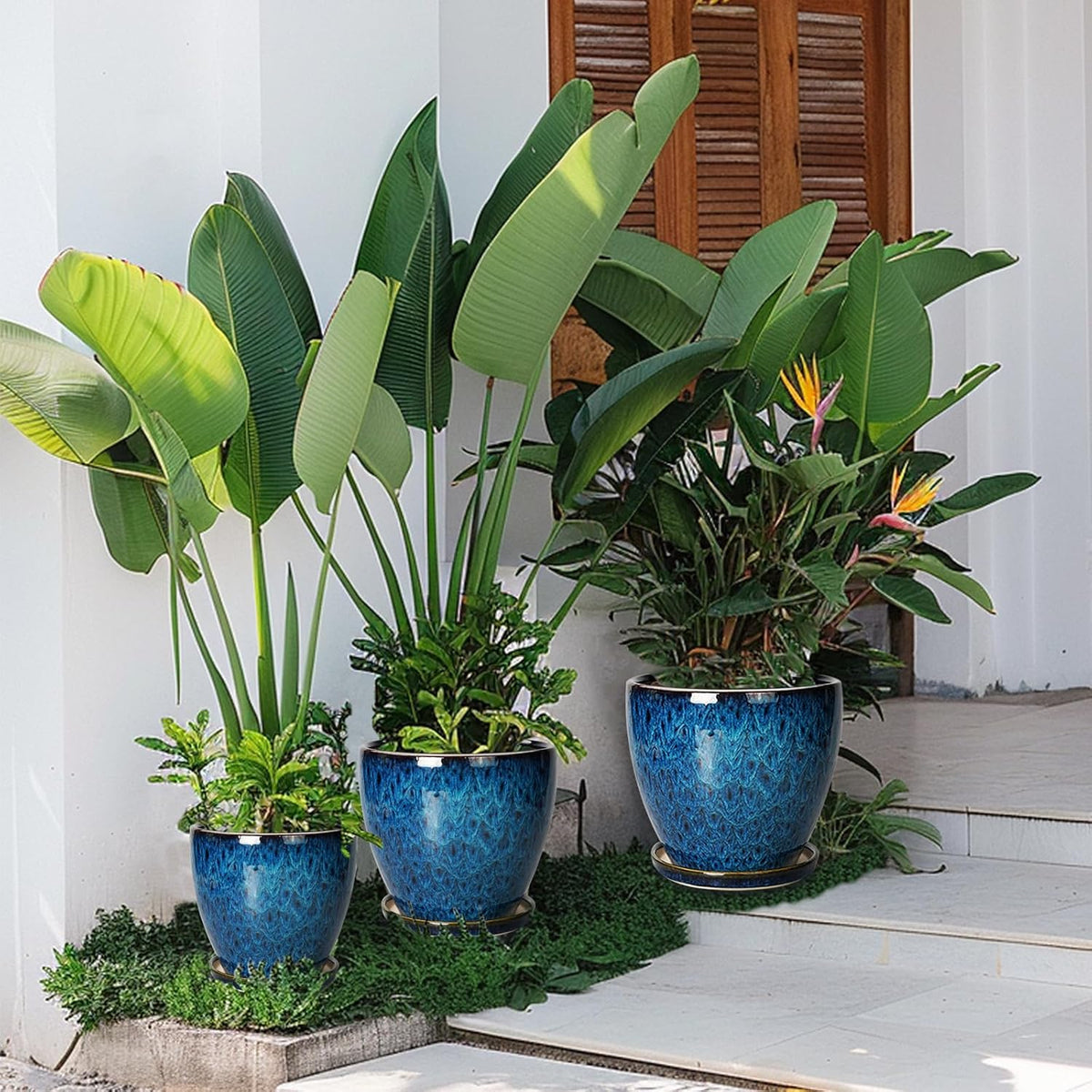 Blue Ceramic Plant Pots Set of 3 N348655