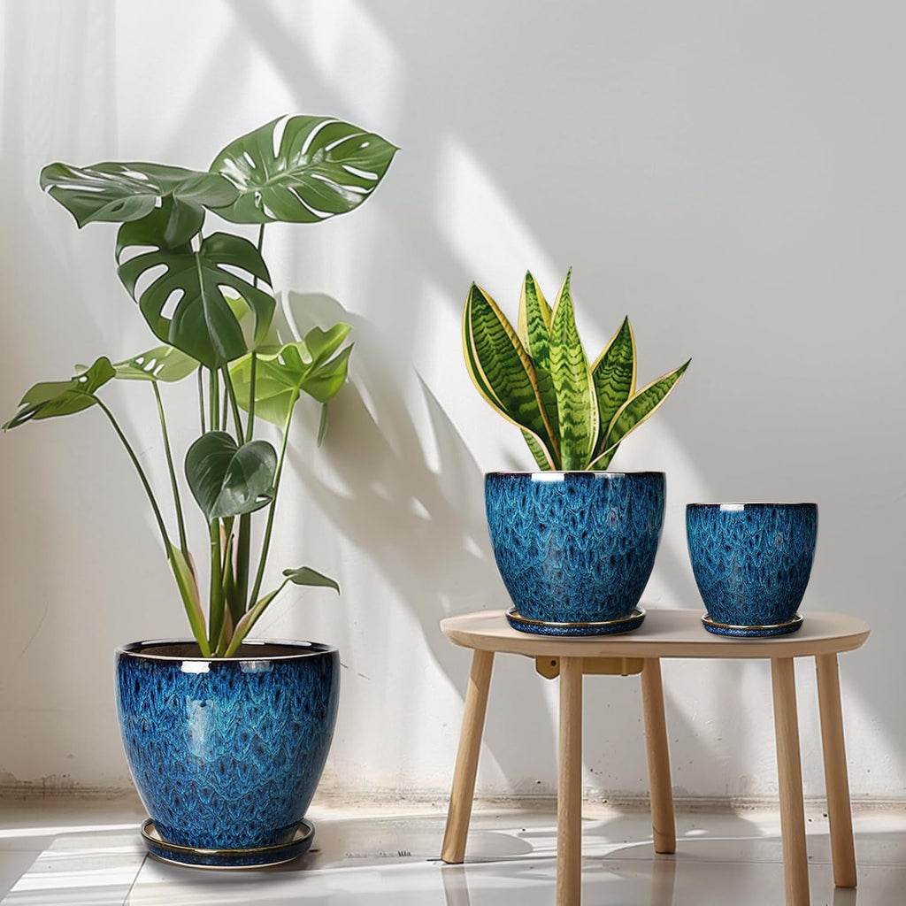 Blue Ceramic Plant Pots Set of 3 N348655