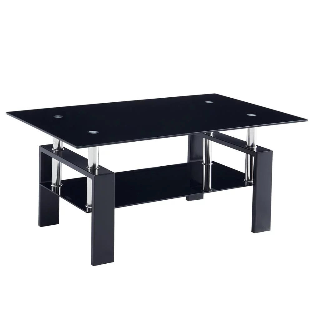 Rectangle Glass Coffee Table with Lower Shelf Metal Legs V6940