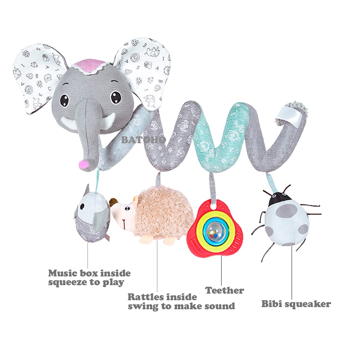 Gray Elephant Baby Car Seat Toys with Musical Owl Rattles Hedgehog Beep Ladybird Squeaker N88096