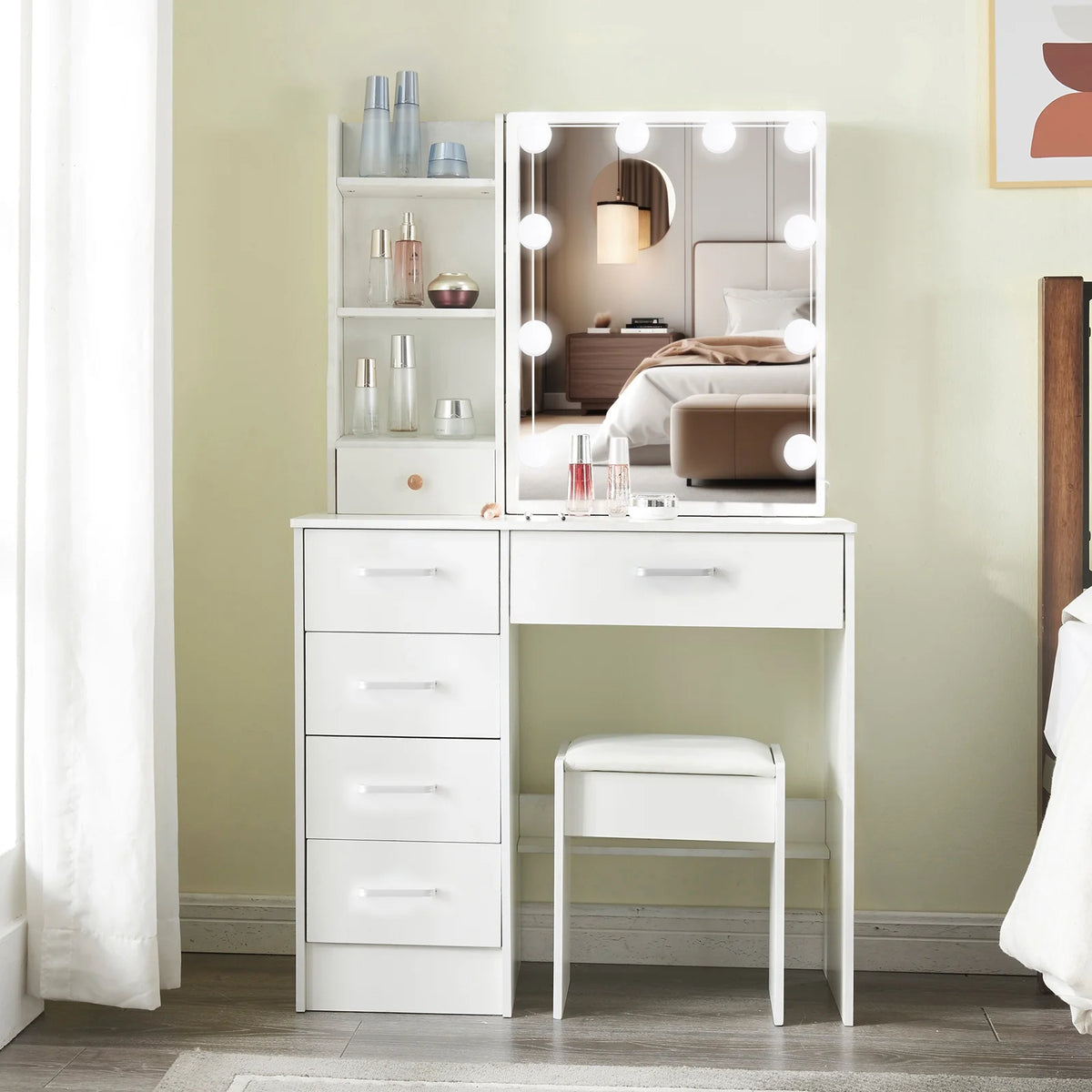 White Vanity Set with Lighted Mirror and Stool B18329