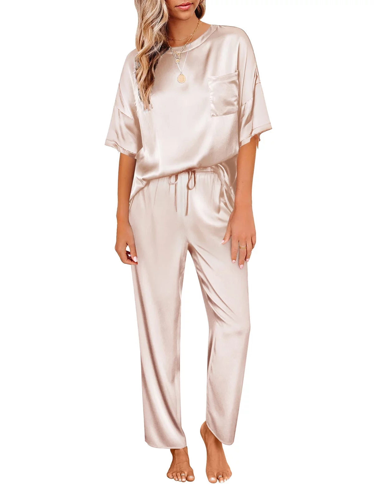 Silk Satin Short Sleeve Long Pant Pajama Set S2892